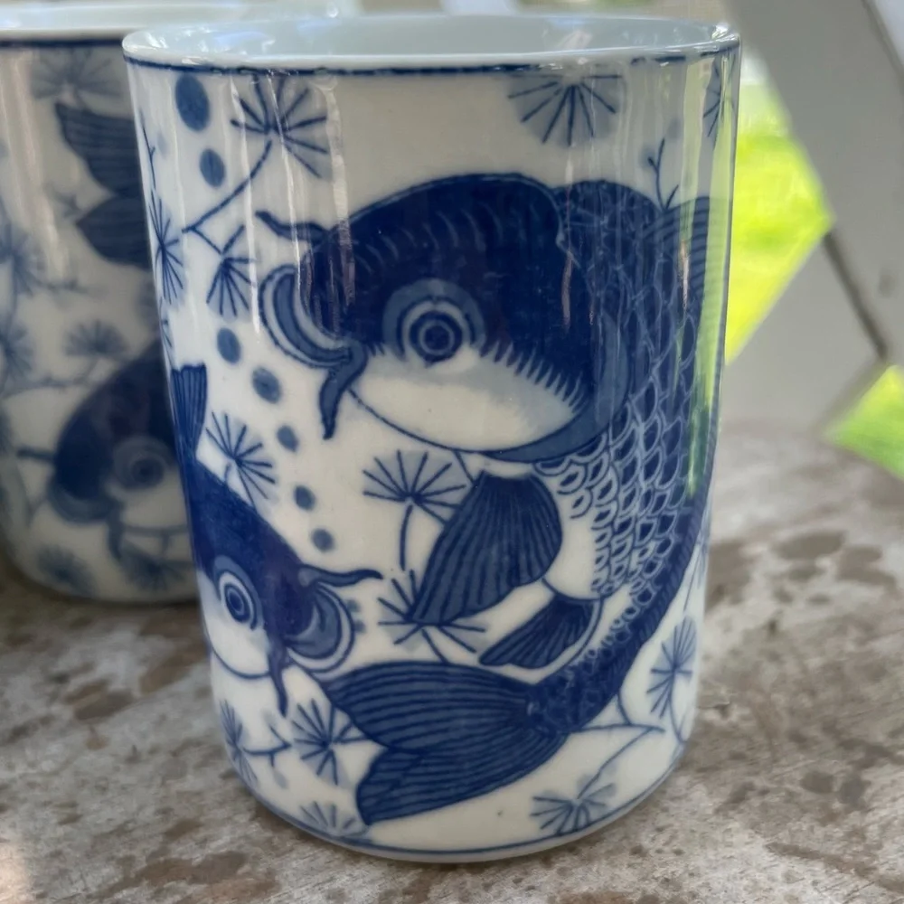 Four Blue and White Koi Fish Mug